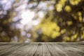 Wooden board empty table in front of natural blurred background. Perspective brown wood over bokeh of tree