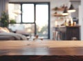 Wooden board empty Table Top And Blur Interior over blur in living room Background, Mock up for display of product. Royalty Free Stock Photo