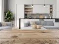 Wooden board empty Table Top And Blur Interior over blur in living room Background, Mock up for display of product. Royalty Free Stock Photo