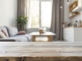 Wooden board empty Table Top And Blur Interior over blur in living room Background, Mock up for display of product. Royalty Free Stock Photo