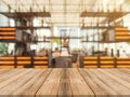 Wooden board empty table top on of blurred background. Perspective brown wood table over blur in coffee shop background. Royalty Free Stock Photo