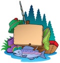 Wooden board with fishing equipment