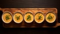 Urban Grittiness: Five Bowls Of Soup On Wooden Tray With Dark Yellow And Gold Style