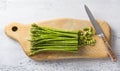 Wooden board of fresh asparagus with cut tough pieces and a knife on a light blue background, home cooking Royalty Free Stock Photo