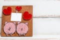 Wooden Board handmade with the image of hearts and pigs. place for text