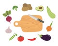 Wooden Board with knife and vegetables. Cooking card poster with tomatoes, pepper, onion, avocado, eggplant, potatoes