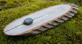 A wooden board with a natural bark edge rests on a bed of lush green moss. The board has an oval Royalty Free Stock Photo