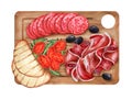 Wooden board with prosciutto, salami and sun-dried tomatoes. Watercolor antipasta