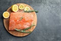 Wooden board with raw salmon and ingredients Royalty Free Stock Photo