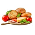 Wooden board with rolls, cheese, tomatoes and basil, isolated. Generative AI