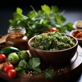 Exotic Green Chile Salsa On Wooden Board - Tabletop Photography