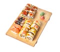 Wooden board of sushi food isolated on white background Royalty Free Stock Photo
