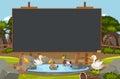 Wooden board template design with many ducks in the pond background