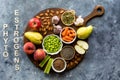 A wooden board topped with various foods that are high in phytoestrogens. Royalty Free Stock Photo