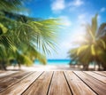Wooden board on tropical beach. Sand and blue sky with palm leaf. Summer rest background. Created with generative Ai