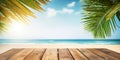 Wooden board on tropical beach. Sand and blue sky with palm leaf. Summer rest background. Created with generative Ai