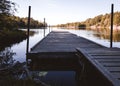 Wooden board walk or jetty in  a lake near a bathing place in sÃÂ´gothenburg sweden , No people because of COVID Royalty Free Stock Photo