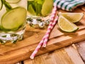 On wooden boards is glass with mohito and lime.