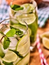 On wooden boards glasses with mohito and lime.