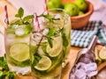 On wooden boards glasses with mohito and scoop ice.