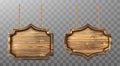Wooden boards hang on ropes vector set. Realistic signboards with wood texture, banners or labels for bar or saloon
