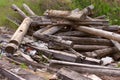 Wooden boards and rubble and the ruins of the house, completely destroyed