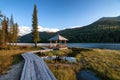 Wooden boardwalk along the lake in the mountains Royalty Free Stock Photo