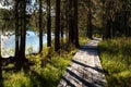 Wooden boardwalk along the lake in the mountains Royalty Free Stock Photo