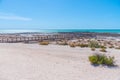 Wooden boardwalk at Hamelin pool used for view at stromatolites, Australia Royalty Free Stock Photo