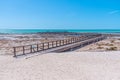 Wooden boardwalk at Hamelin pool used for view at stromatolites, Australia Royalty Free Stock Photo