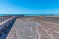 Wooden boardwalk at Hamelin pool used for view at stromatolites, Australia Royalty Free Stock Photo