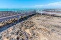 Wooden boardwalk at Hamelin pool used for view at stromatolites, Australia Royalty Free Stock Photo