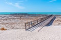 Wooden boardwalk at Hamelin pool used for view at stromatolites, Australia Royalty Free Stock Photo