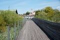 Wooden boardwalk between lake Obersee and Zurichsee,view to the castle Rapperswil switzerland