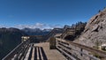 Wooden boardwalk leading to the top of Sulphur Mountain near Banff, Banff National Park, Canada with Rocky Mountains.