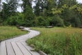 A wooden boardwalk overtop a green meadow