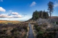 Wooden boardwalk on the top of a mountain in Glendalough, Wicklow Mountains, Ireland Royalty Free Stock Photo