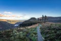 Wooden boardwalk on the top of a mountain with a view on Glendalough lakes and forest. Wicklow Mountains, Ireland Royalty Free Stock Photo