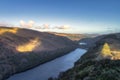 Wooden boardwalk on the top of a mountain with a view on Glendalough lakes. Wicklow Mountains, Ireland Royalty Free Stock Photo