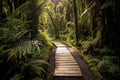 Wooden boardwalk winding through a lush green rainforest. Generative AI