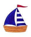 Wooden boat with blue sail and red flag. Cute sail boat. Isolated hand painted watercolor illustration