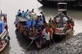 Wooden boat crosses the Ganges River in Sundarbans, India