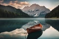 Wooden boat on the crystal lake with majestic mountain behind. Reflection in the water. Royalty Free Stock Photo