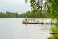 Wooden boat dock on lake. Purhon Campsite, Hamina, Finland, Suomi