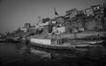 Colorful wooden boats docked along the shore of the Ganges River, at one of the many ghats in Varanasi, India. Royalty Free Stock Photo