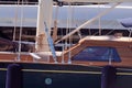 Wooden boat docked in the marina