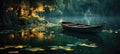 a wooden boat is docked next to a lake with green leaves Royalty Free Stock Photo