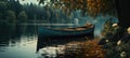 a wooden boat is docked next to a lake with green leaves Royalty Free Stock Photo