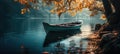 a wooden boat is docked next to a lake with green leaves Royalty Free Stock Photo