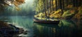 a wooden boat is docked next to a lake with green leaves Royalty Free Stock Photo